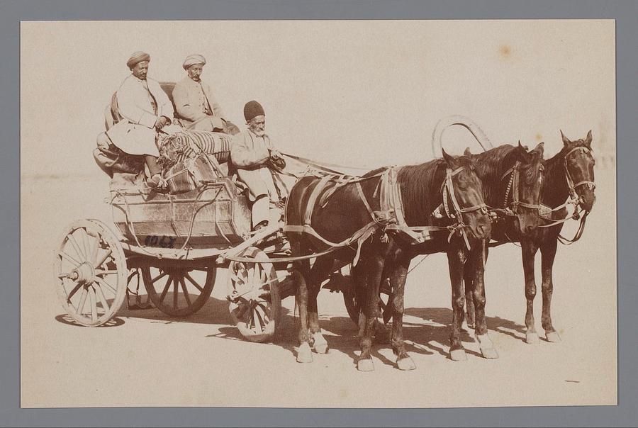 Three Men in a Horse and Carriage, Iran, Antoine Sevruguin, c. 1880 - c. 1910 Painting by Artistic Rifki