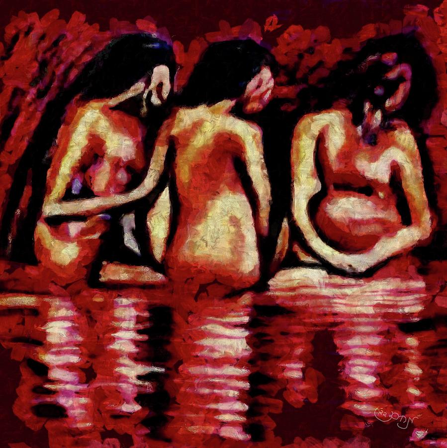 Three Nude Woman Ladies Gossiping While Washing Clothes At The River In Red Yellow And Ripple Water Painting by MendyZ