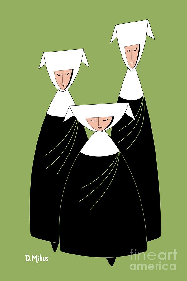 Three Nuns on Green Digital Art by Donna Mibus