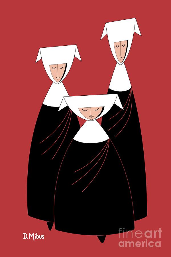 Three Nuns on Red Digital Art by Donna Mibus