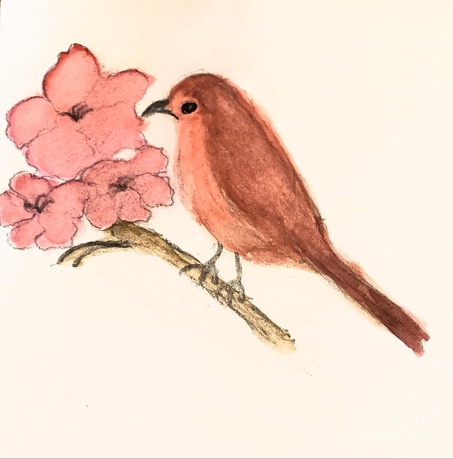Three Pink Flowers and a Bird Painting by Margaret Welsh Willowsilk