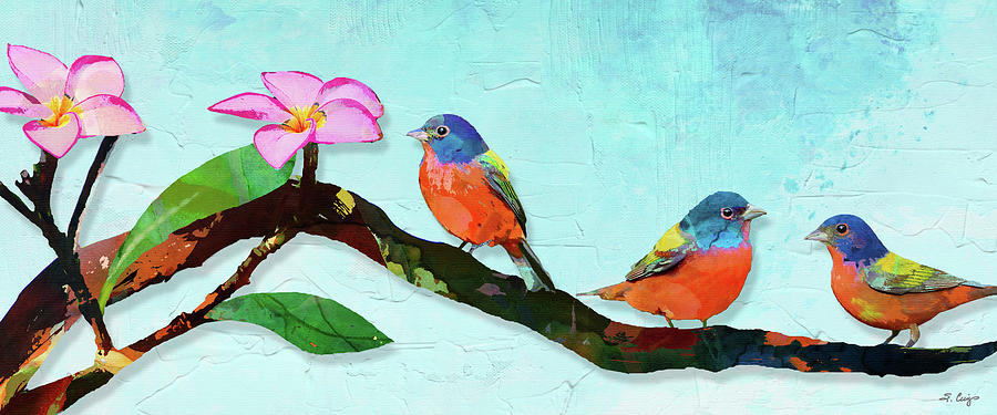 Three Painted Buntings Bird Art Painting by Sharon Cummings