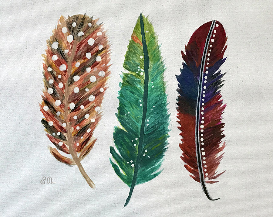 Three Painted Feathers Painting by Sandi OReilly