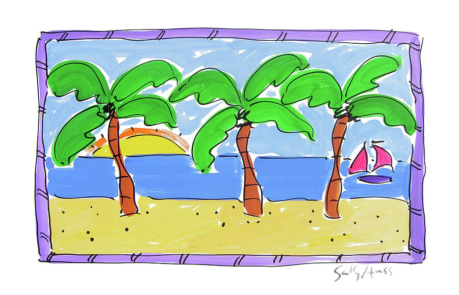 Water Painting - Three Palm Trees with Purple Trim by Sally Huss Water Painting - Three Palm Trees with Purple Trim by Sally Huss