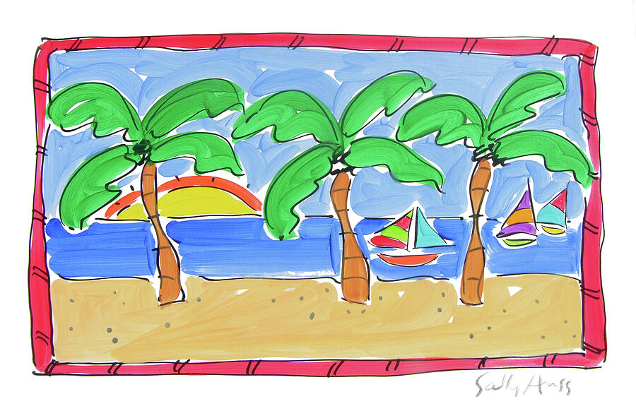Water Painting - Three Palm Trees with Red Trim by Sally Huss Water Painting - Three Palm Trees with Red Trim by Sally Huss