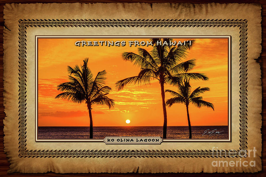 Three Palms Golden Sunset Oahu Hawaiian Style Postcard Photograph by Aloha Art