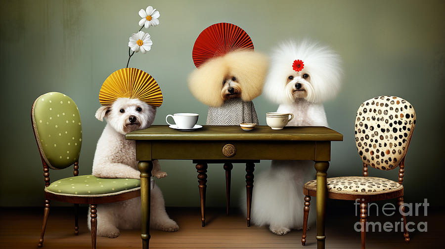 Three pampered dogs with stylish fans and flowers seated at a vintage table. Digital Art by Odon Czintos