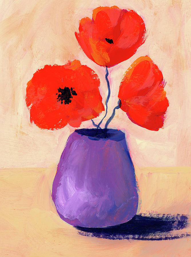 Three paper poppies left Painting by Karen Kaspar