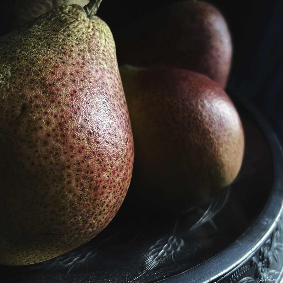 Three Pears on a Pewter Dish by Joy Sussman Photograph by Joy Sussman