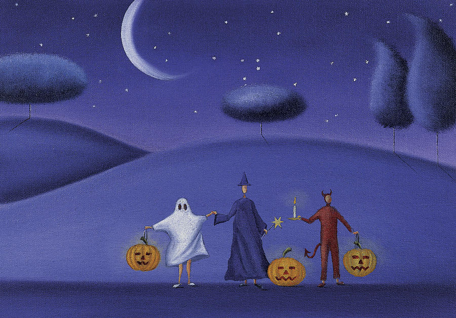 Three People Holding Hands Dresed in Halloween Costumes and Holding Pumpkins Drawing by Mandy Pritty