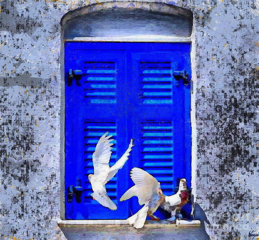 Three Pigeons On The Window Digital Art by Yorgos Daskalakis