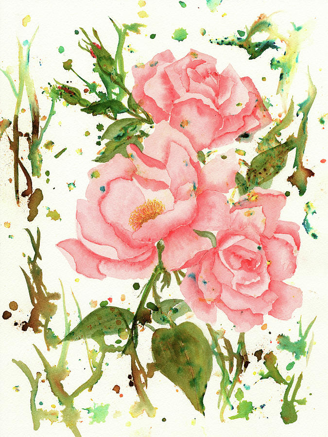 Three Pink Roses Watercolor Painting Painting by Deborah League