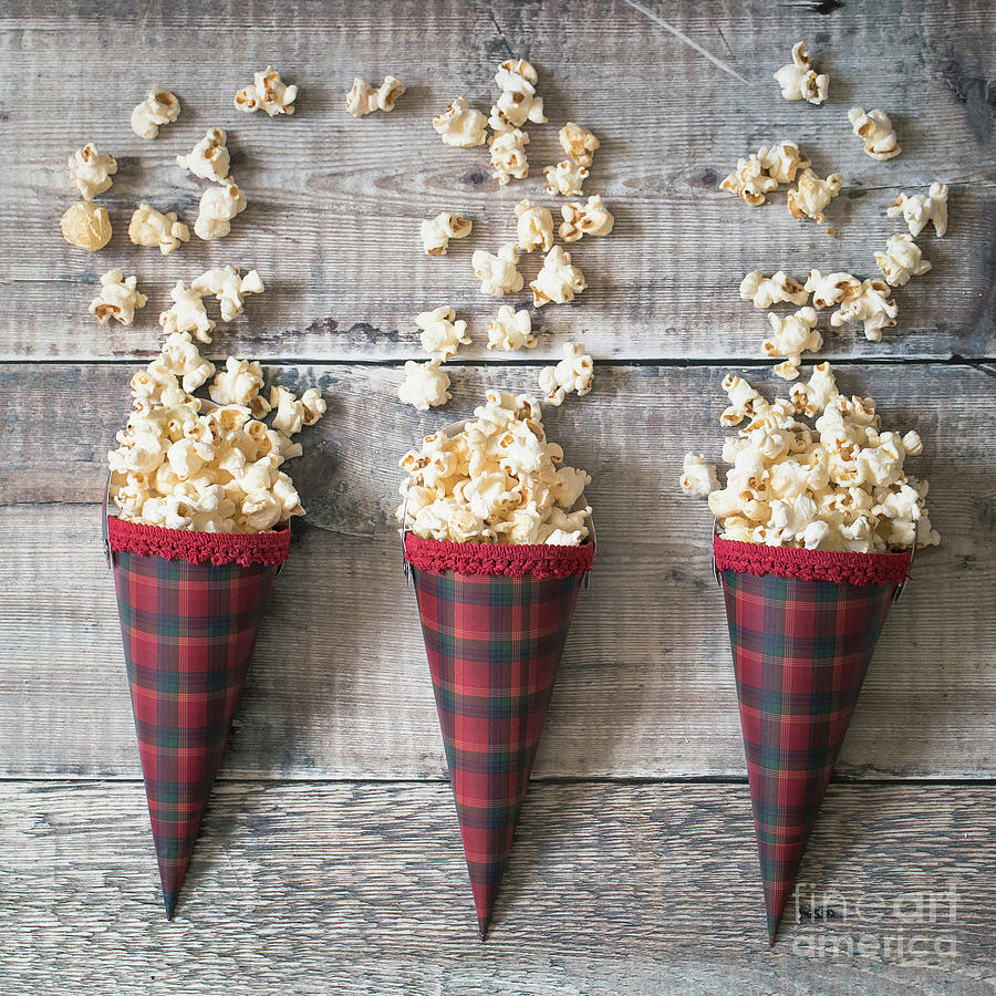 Three popcorn cones flat lay Photograph by Jane Rix