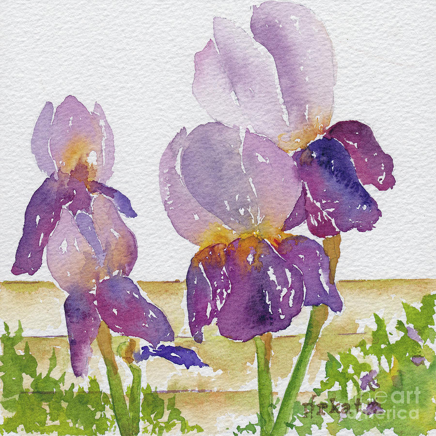 Three Purple Irises Painting by Pat Katz