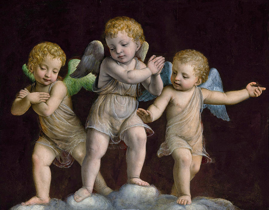 Three Putti standing atop Clouds gazing downward in Adoration Painting by Bernardino Luini