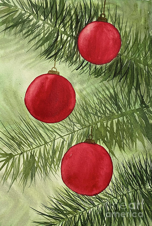 Three Red Christmas Balls Painting by Lisa Neuman