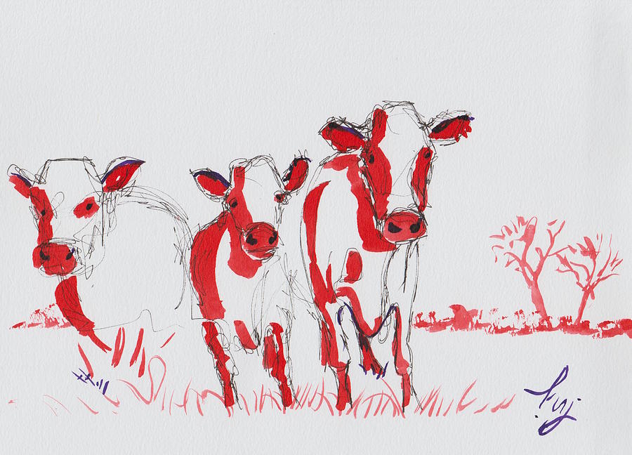 Three red cows ink drawing Drawing by Mike Jory