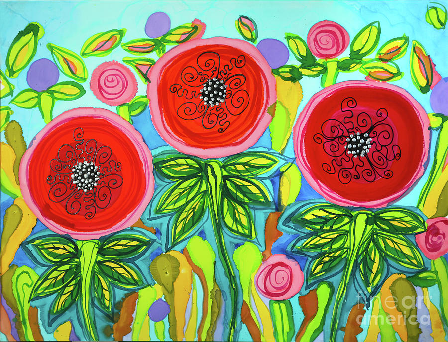 Three Red Mod Poppies Wide In Belize Painting