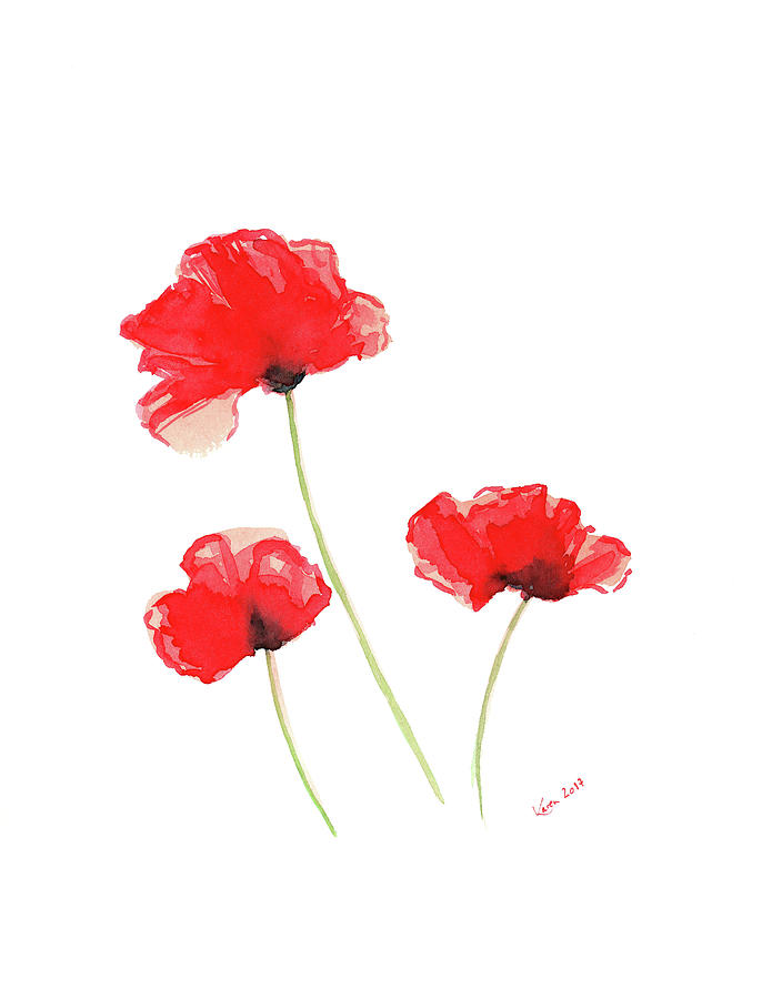 Three red poppies Painting by Karen Kaspar