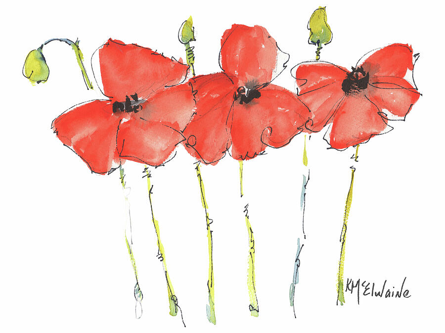 Whimsical Painting - Three Red Poppy FL043 by Kathleen McElwaine Whimsical Painting - Three Red Poppy FL043 by Kathleen McElwaine