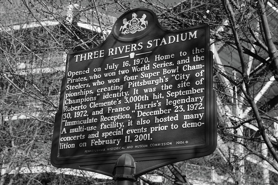 Three Rivers Stadium historical marker in Pittsburgh Pennsylvania in black and white Photograph by Eldon McGraw