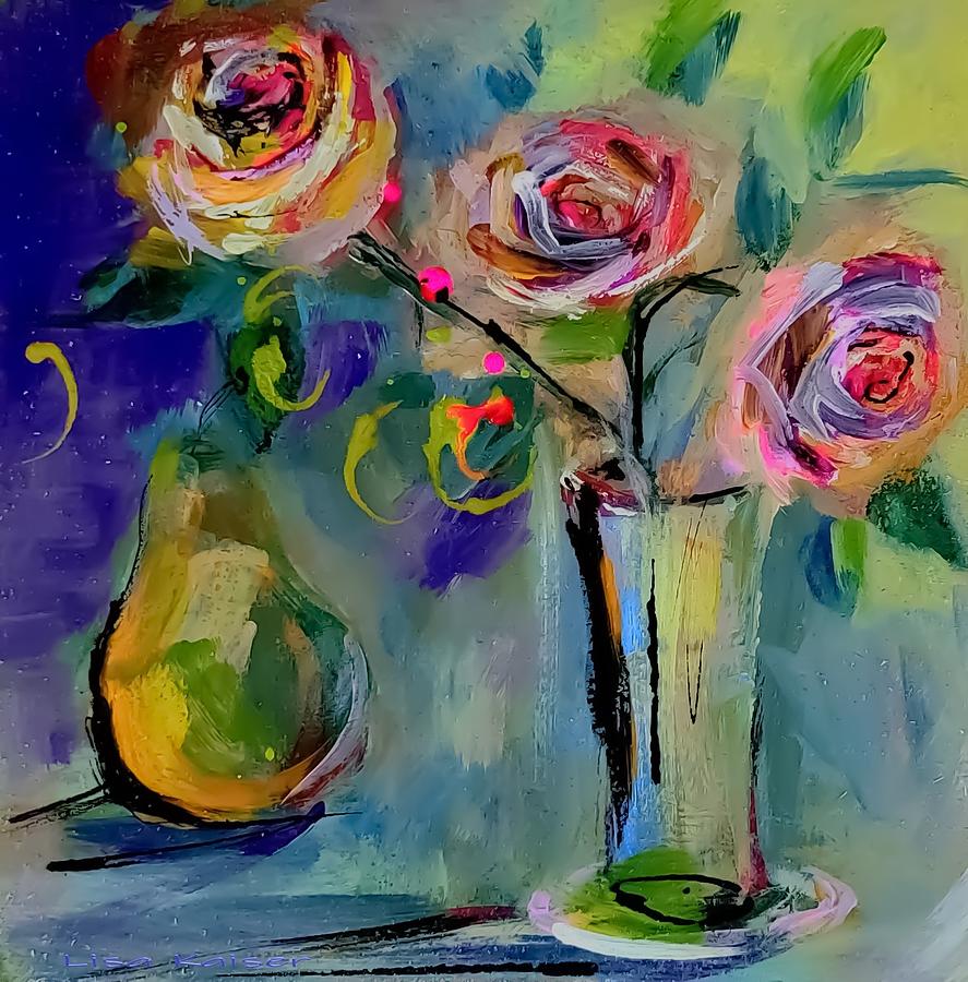 Three Roses And A Pear Painting by Lisa Kaiser