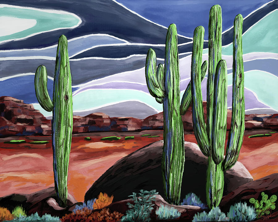 Three Saguaros Digital Art by Ken Taylor
