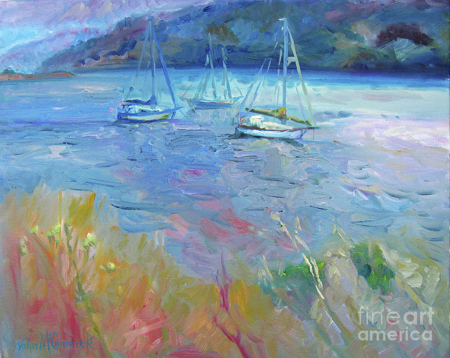 Three Sail Boats, Tomales Bay Painting by John McCormick