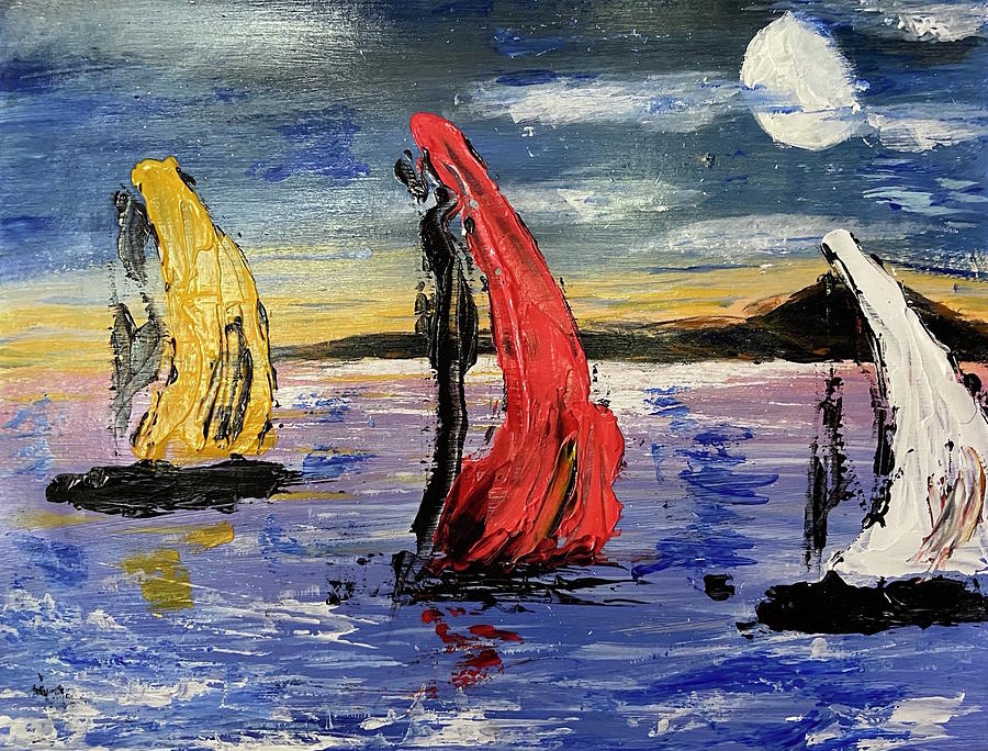 Palette Knife Painting - Three Sailboats by Beth Kolar