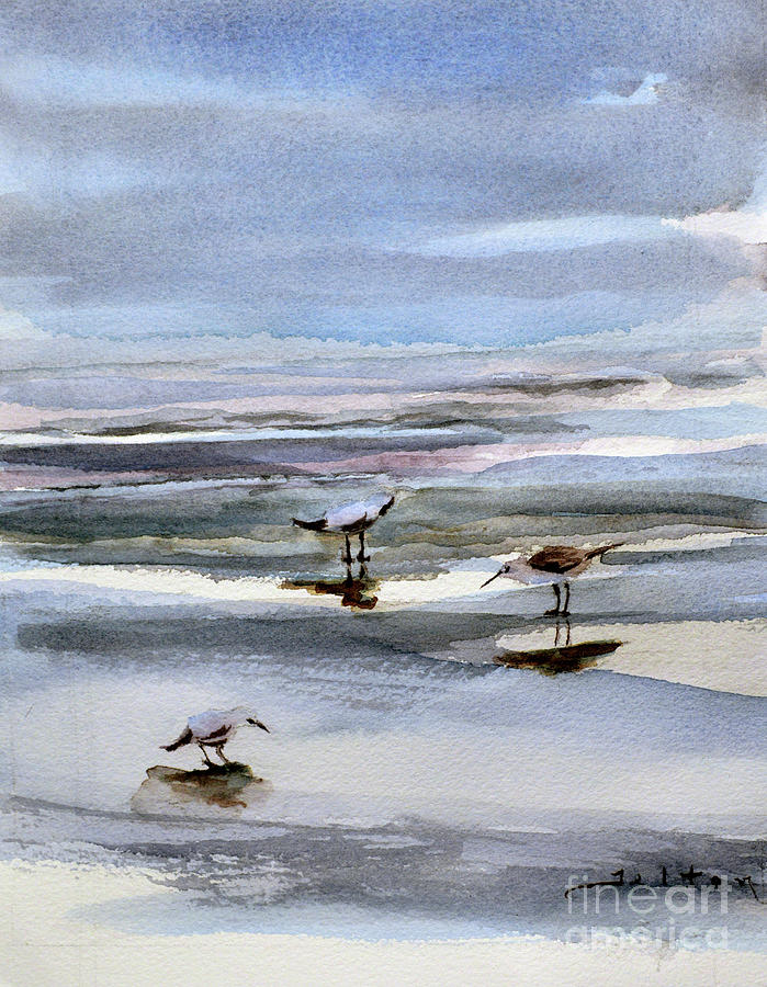 Three seabirds on the seashore Painting by Julianne Felton