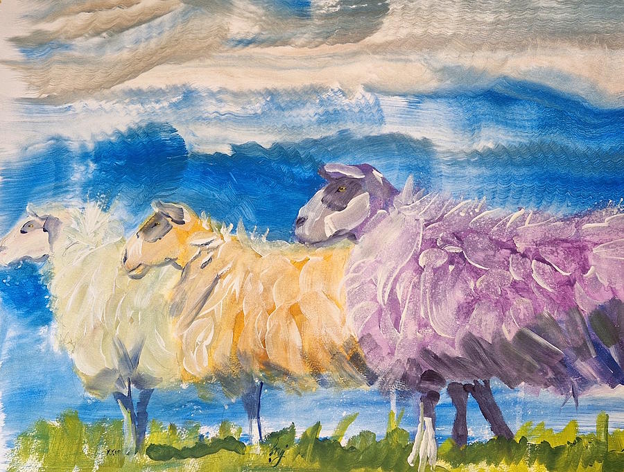 Sheep Painting - Three Sheep Dramatic Sky Colorful Surreal Painting by Mike Jory