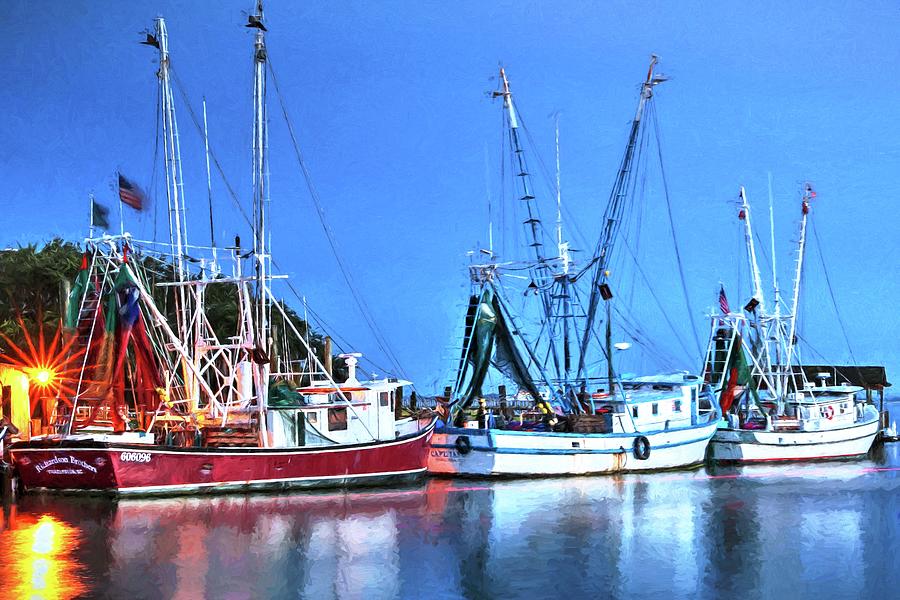 Three Shrimp Boats Shem Creek In Mt. Pleasant South Carolina Painting Photograph by Carol Montoya