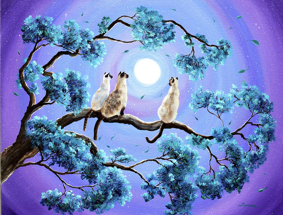 Three Siamese Cats In Moonlight Painting