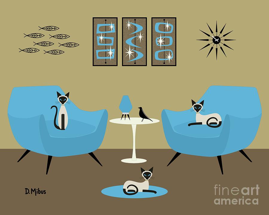 Three Siamese in Blue Chairs Digital Art by Donna Mibus