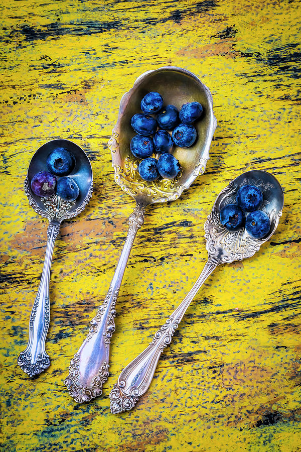 Three Silver Spoons And Buleberries Photograph by Garry Gay