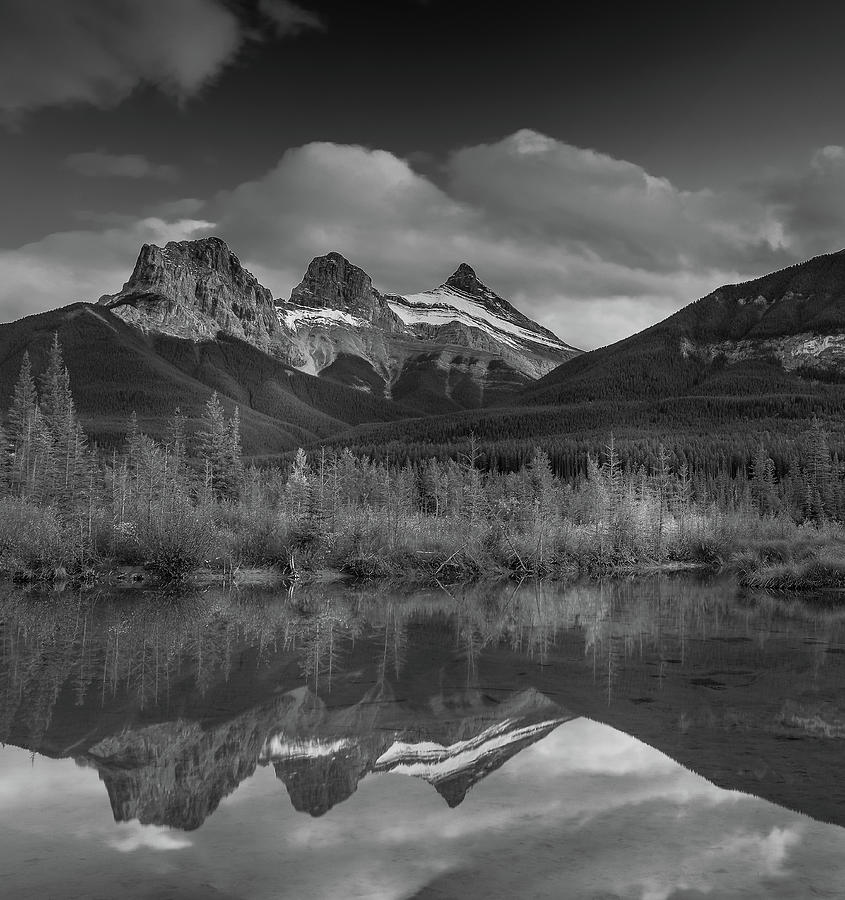 Banff National Park Photograph - Three Sisters Black And White Reflection by Dan Sproul