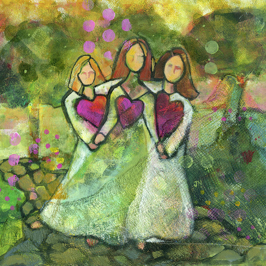 Sisters Painting - Three Sisters in the Garden by Jen Norton