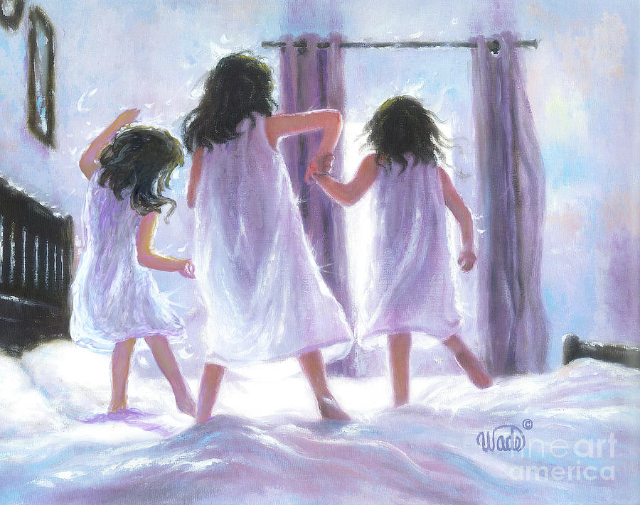Three Sisters Jumping on the Bed Painting by Vickie Wade
