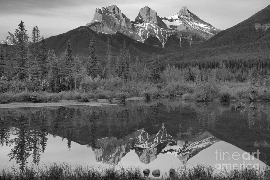 Three Sisters Purple Skies And Red Peaks Black And White Photograph by Adam Jewell