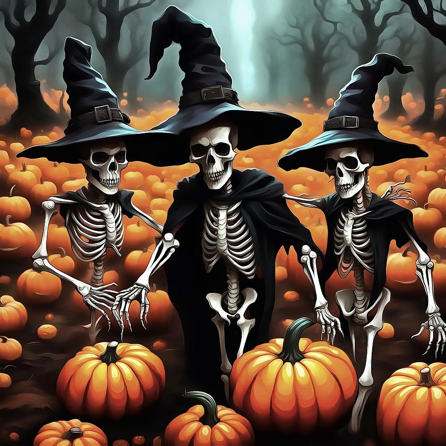 Halloween Painting - Three Skeletons Wearing Witches Costume In A Pumpkin Patch by Taiche Acrylic Art