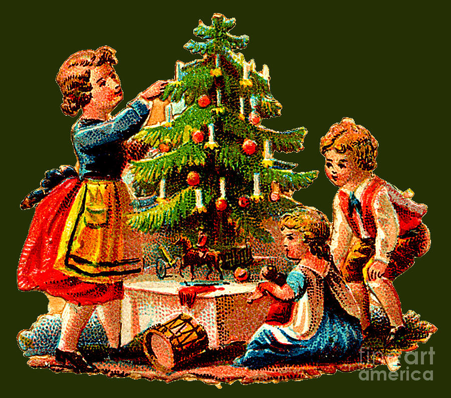 Three Small Children Decorating A Christmas Tree Painting
