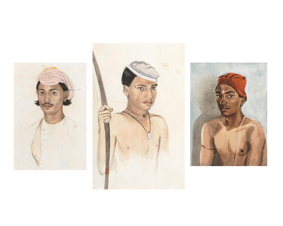 Three small watercolour portraits of Punjabi men, one holding a bow, attributed to Kapur Singh of Am Painting by Artistic Rifki