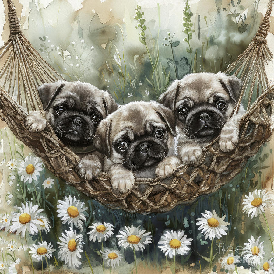 Three Snug Pugs Painting by Tina LeCour