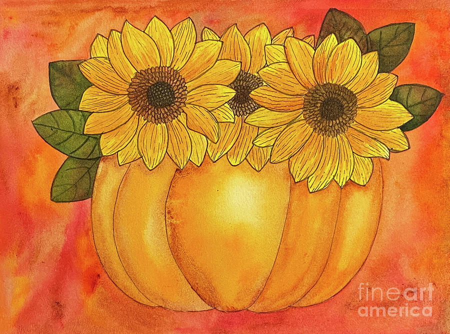 Three Sunflowers and a Pumpkin Mixed Media by Lisa Neuman