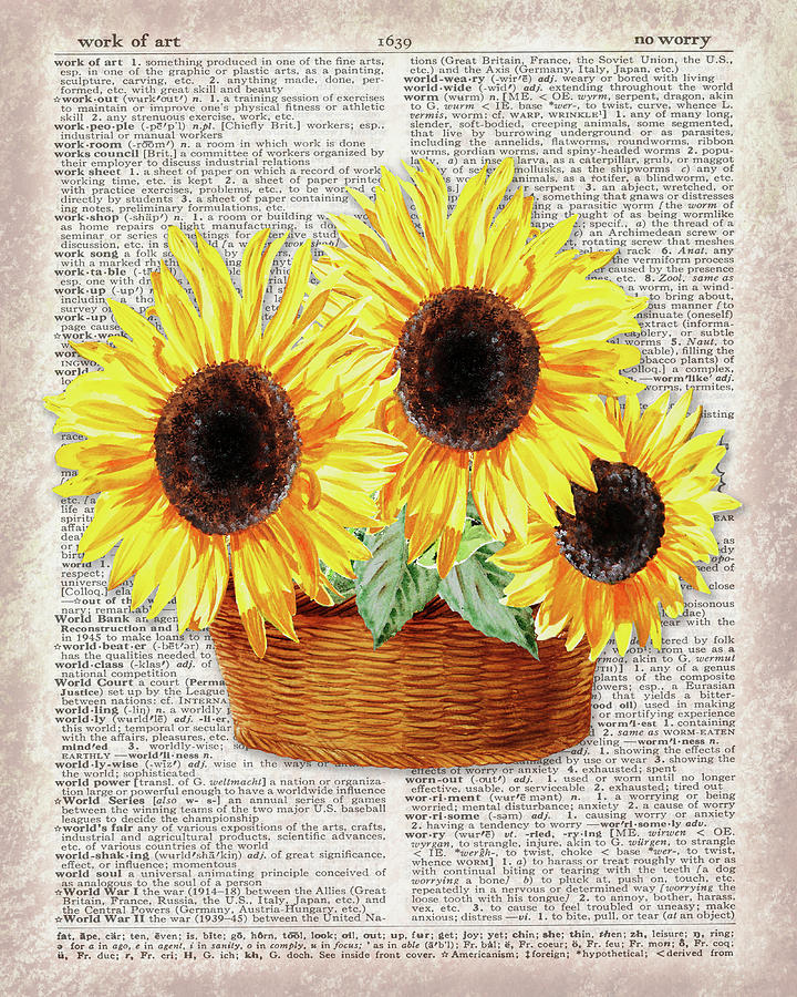 Three Sunflowers Dictionary Page Watercolor  Painting by Irina Sztukowski