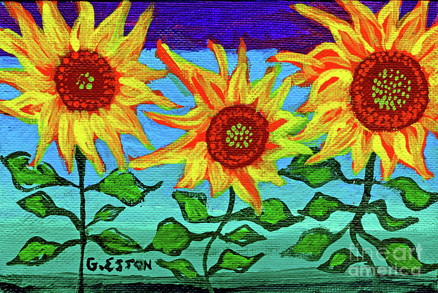 Three Sunflowers With Purple Sky Painting by Genevieve Esson