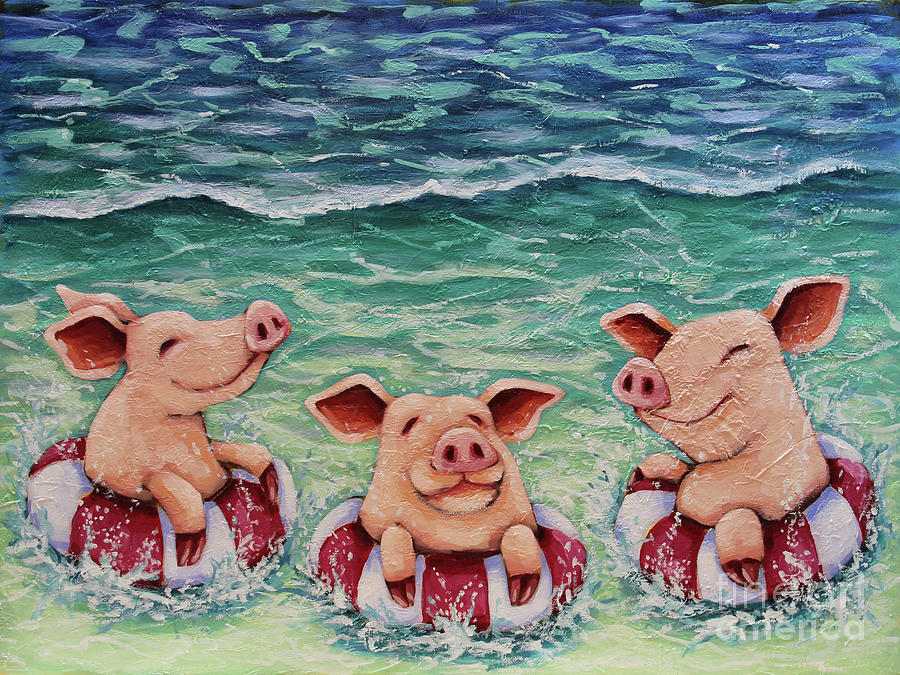 Three Swimming Pigs Painting by Lucia Stewart