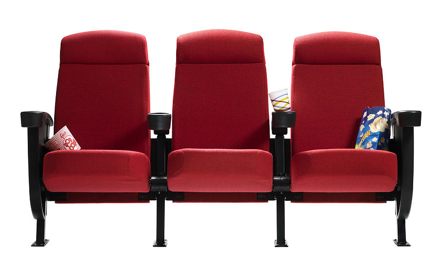 Three Theater Seats with popcorn bags, Isolated Photograph by Burwellphotography