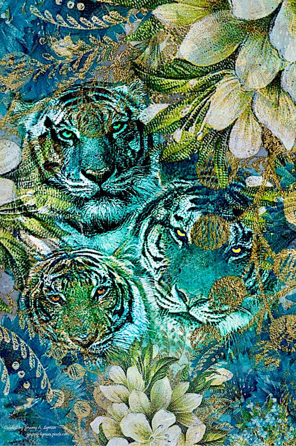 Three Tigers in a Bush Digital Art by Jeremy Lyman