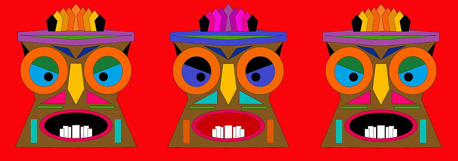 Three Tiki Faces on Red Digital Art by Val Arie